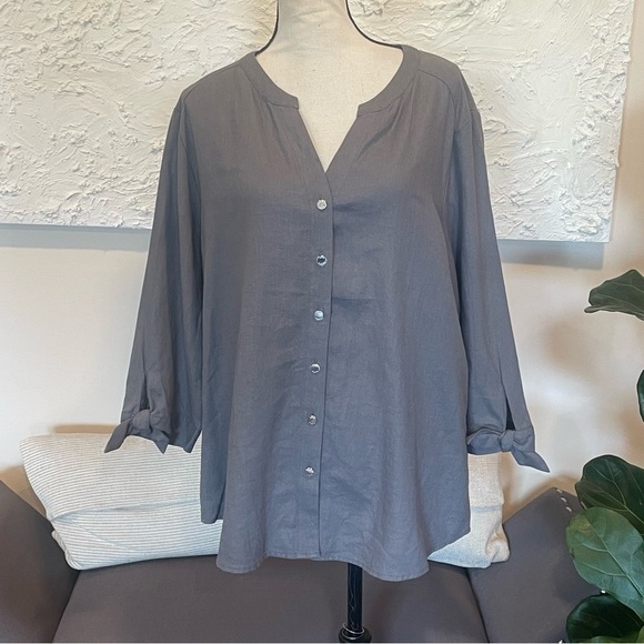 Anne Klein Women's Gray Button Down Blouse 3/4 Sleeve Linen Sz XL NWT $79 - Picture 1 of 7